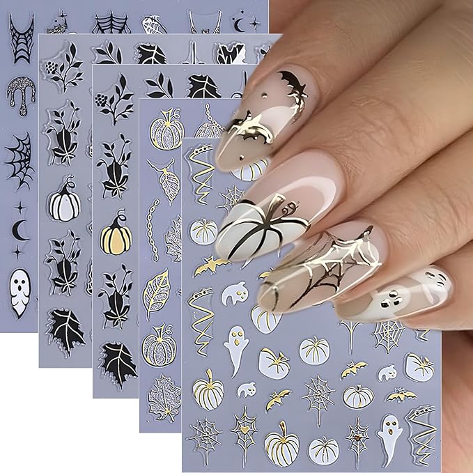 5Pcs Fall Nail Art Stickers Gold Sliver Pumpkin Maple Leaf Nails Decals 3D Self Adhesive Glitter Ghost Spider Web Spider Design Halloween Nail Stickers Holiday Nails Supplies for Women Salon Manicure
