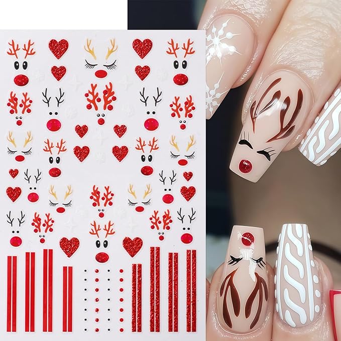 6 Pcs Christmas Nail Art Stickers 3D Self-Adhesive Glitter Christmas Snowflake Elk Blue Penguin Nail Decals Winter Christmas Tree Nail Design Red Glitter Elk Nails Supplies for Women DIY Manicure