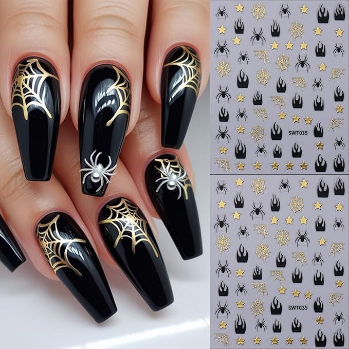 8 Sheets Halloween Nail Art Stickers 3D Self-Adhesive Halloween Nail Decals Golden Silver Black Red Horror Web Face Nail Art Supplies Glitter Spider Web Nail for Women Girls DIY Manicure Decoration