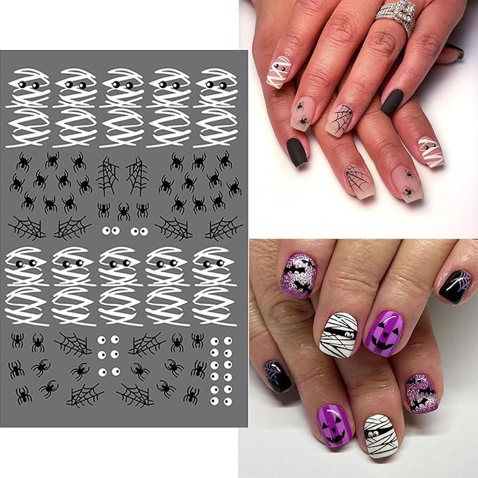 12 Sheets Halloween Nail Art Stickers Cute Ghost 3D Self-Adhesive Nail Decals Bat Mummy Skull Pumpkin Designs Nail Decorations Fall Maple Leaf DIY Manicure Supplies for Women Girls