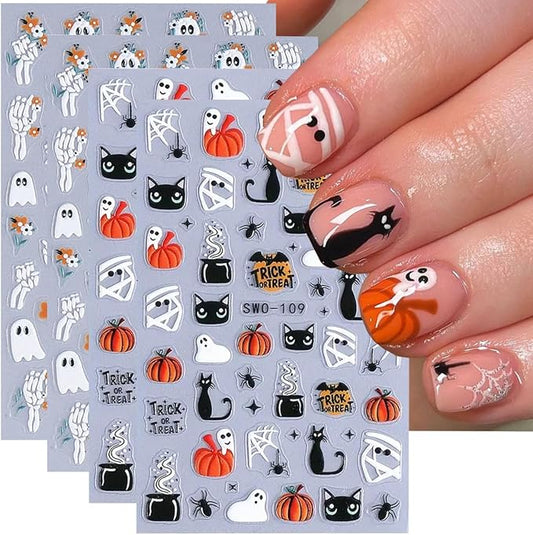 Halloween Nail Art Stickers Decals 3D Cute Ghost Black Cat Halloween Nail Stickers 4PCS Pumpkin Spider Web Skeleton Flower 3D Embossed Nail Decals Manicure Sliders for Women Nail Art Decorations