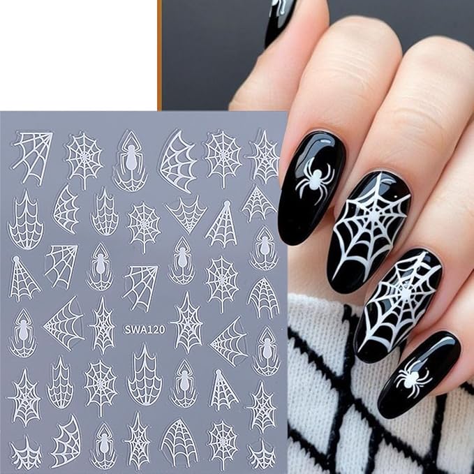 5 Sheets Halloween Nail Stickers for Nail Art 3D Self-Adhesive Spider Web Nail Art Stickers White Black Silver Laser Gold Spider Nail Decals Goth Nail Art Supplies for Women Acrylic Manicure Salon
