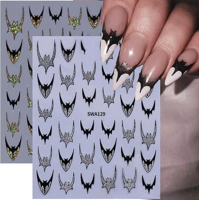 8 Sheets Halloween Nail Stickers Decals Gold Gloss Bat Nail Art Stickers Goth Nail Design Stickers Self-Adhesive Spider Web Spider Skeleton Nails Accessories for Women Nails Art Decorations Supplies