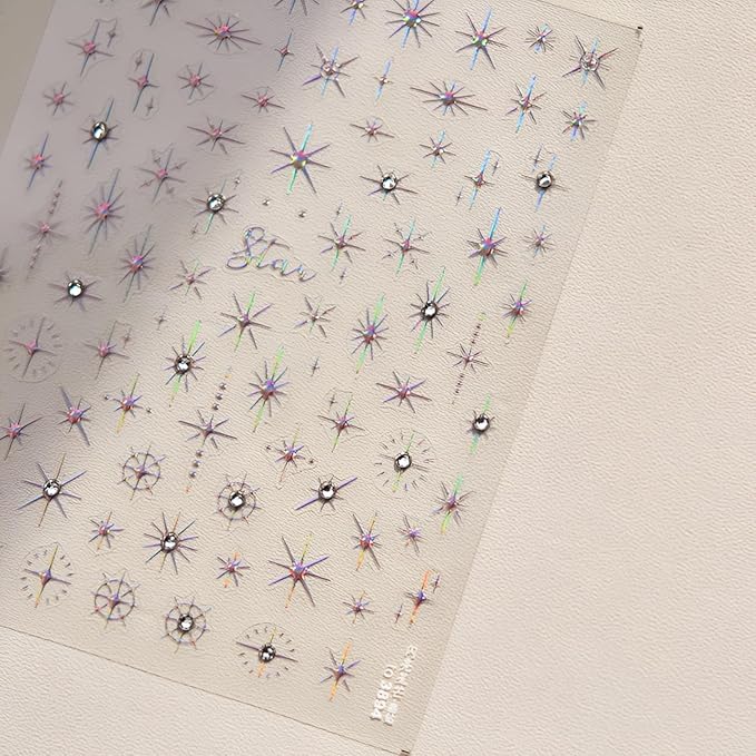 3 Sheets 5D Embossed Star Nail Stickers - Pink Gold White Glitter Shiny Design for DIY Manicure Decoration - Nail Art Supplies for Women
