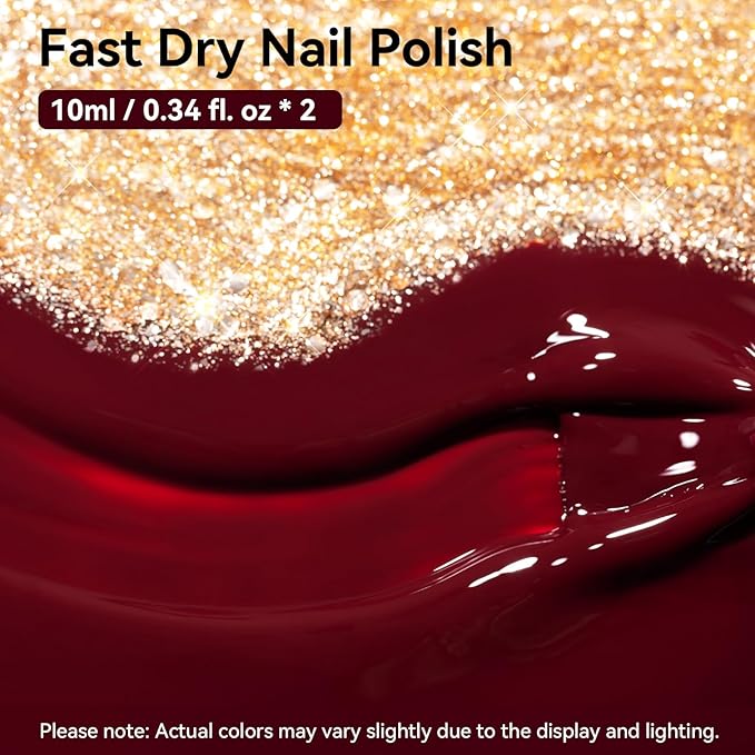 Deep Red Wine Nail Polish Set, Fast Air Dry Fall Winter Nail Polish Duo, Opaque Dark Red, Non-Gel, Crème, Toxic-free Long Lasting Glossy Nails Art for Home DIY Manicure Gift
