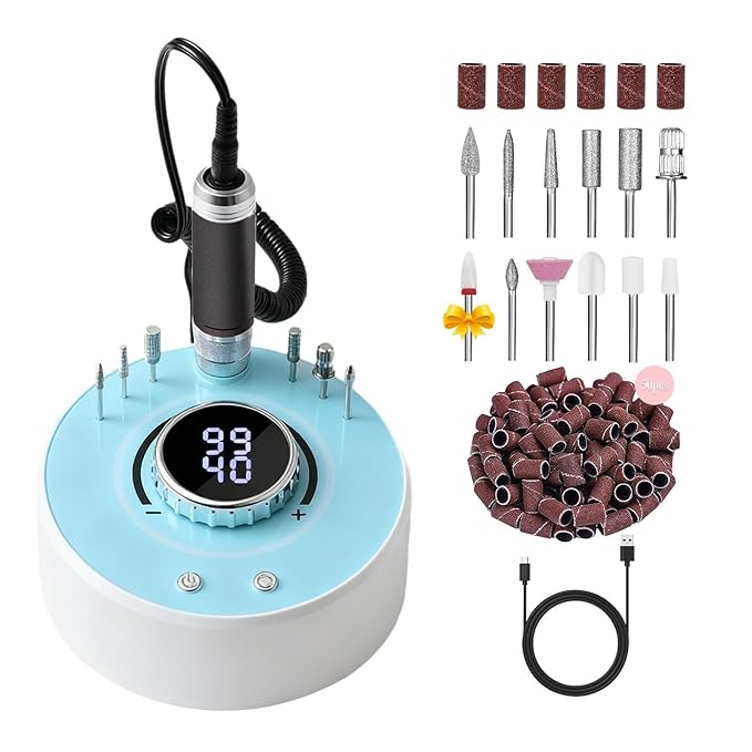 Electric Nail Drill File, Professional 40000RPM Nail E-File Drill, Rechargeable Cordless Nail Drill with Bits & Base for Acrylic Nails Remove Nail Gel Polish Manicure for Home Salon Use (Blue)