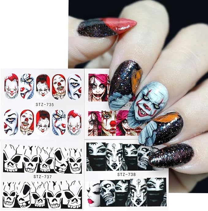 24 Sheets Halloween Nail Stickers Day of The Dead Water Transfer Nail Decals Skull Ghost Eye Hulk Clown Witch DIY Nail Art Stickers Halloween Party Supply Fingernails Toenails Decoration