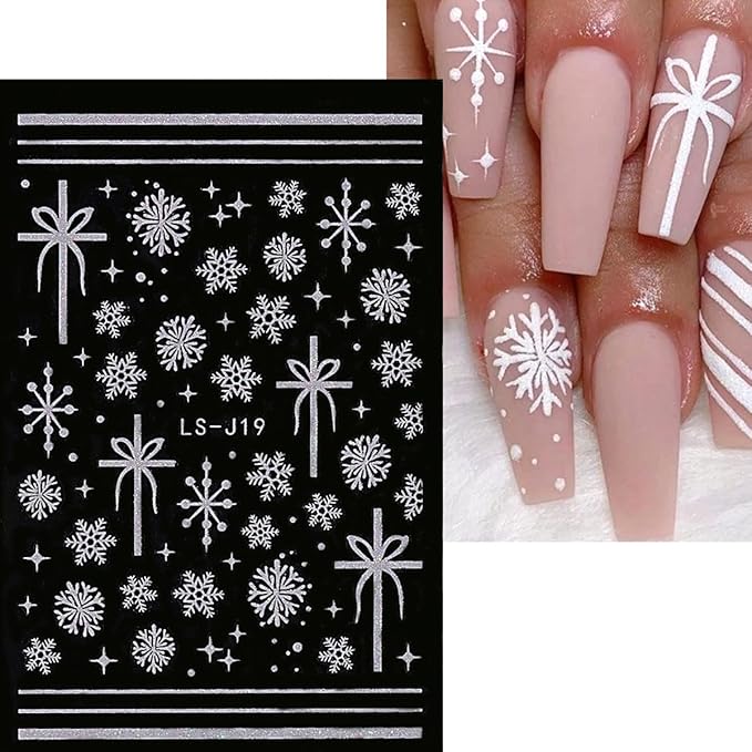 8 Sheets Christmas Snowflake Nail Art Stickers - White Glitter 3D Self-Adhesive Design for Winter Manicure - Cute Decals for Women