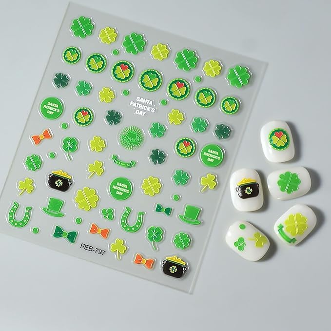 St. Patrick's Day Nail Art Stickers,Green Shamrock 3D Relief Self-Adhesive Nail Decals St. Patrick's Nail Supplies Four Leaf Clover Nail Sticker Lucky of Irish Spring Summer Design Manicure Decor