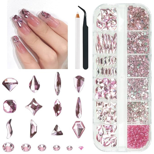 2052Pcs Pink Nail Rhinestones 12 Shapes Light Pink Rhinestones for Nails Flatback K9 Glass Gems Round Beads Stones Diamonds Crystals Nail Charms Art Supplies for Nails Face Eyes Makeup Crafts