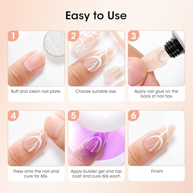 Gellen French Tip Press on Nails, 160 Pcs Soft Almond French Gel Nails with White Swirl Design, Classic Nude French Tip Nails