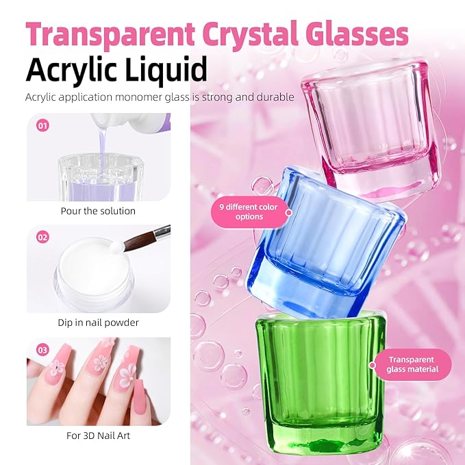 9 colors Dappen Dish Cups for Nail Art Acrylic Liquid - Clear Glass Nail Monomer Liquid Bowl Dampen Dish Acrylic Powder Holder, Acrylic Glass Jar for Nails