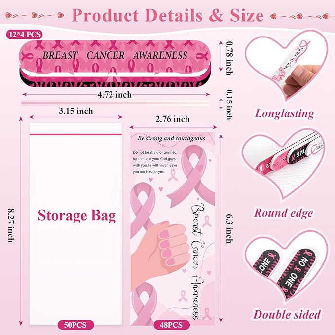 50 Sets 4.72" Breast Cancer Awareness Gift Nail File with Pink Ribbon Design Breast Cancer Awareness Nail Files Bulk Manicure Tools for Women Party Gift Accessories(48PC)
