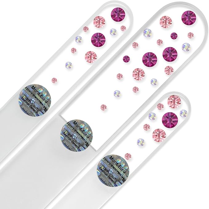 Mont Bleu Set of 3 Glass Nail Files Hand Decorated with Crystals - Handmade - Czech Tempered Glass