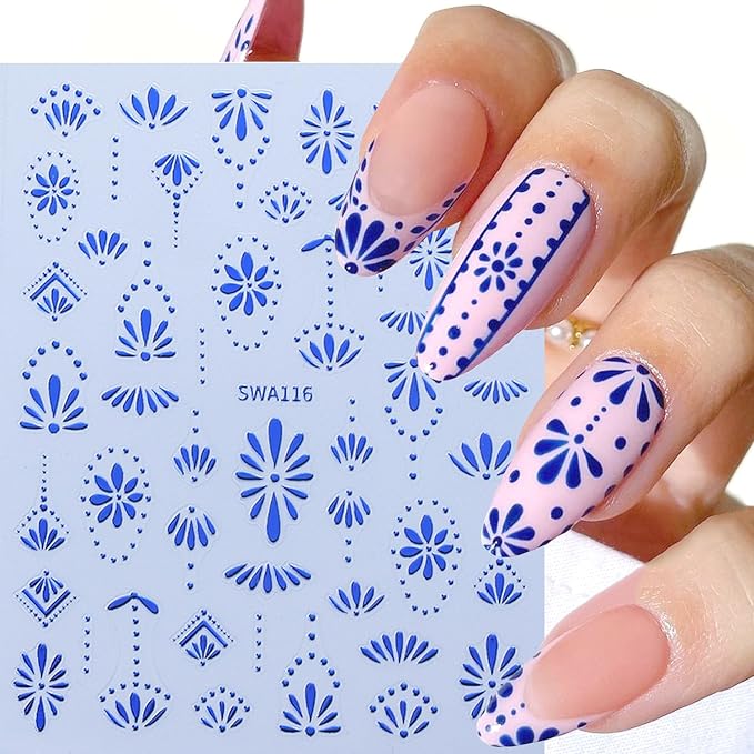 6Sheets Retro Flower Nail Art Stickers 3D Bohemian Style Design Nail Decals Self-Adhesive Gold Silver Petals Line Nail Sticker Boho Blue Floral Nail Decal for Women DIY Manicure Charms Decor Supplies