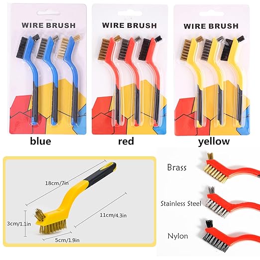 Wire Brush 3Pcs Metal Scrubber - Nylon/Brass/Stainless Steel Bristles with Curved Handle Grip for Cleaning Rust Removal, Dirt, Paint Scrubbing with Deep Cleaning – 7 Inches