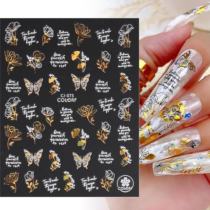 Laser Golden Fall Maple Leaves Nail Art Stickers, Maple Leaves Nail Decals 3D Self-Adhesive with Fan Blade Butterfly Squirrel Flower Design 6Pcs Nail Art Supplies for Women Nail Decoration