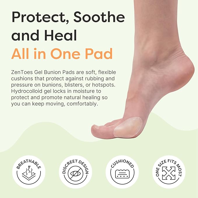 ZenToes Hydrocolloid Bunion Pads - Waterproof Gel Cushions for Bunion Relief, Blister Prevention & Foot Protection - Invisible, Breathable, All-Day Adhesive - 15 Count