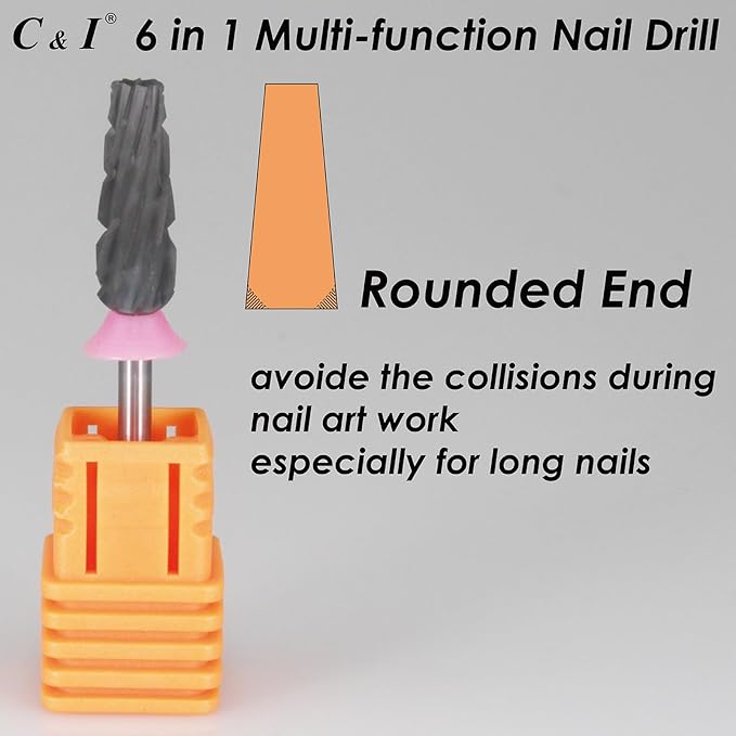C & I Nail Drill Bit 6 in 1 Multi-function Rounded End E-file, Diamond Coat, CNC Overall Cut Nail Tools for Nail Techs Quick Remove Acrylic Nail Gels & Nail Art (Special Coat, Triple Coarse -3XC)