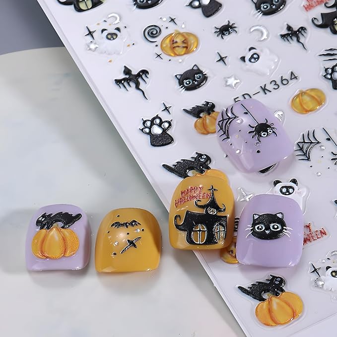 Halloween Nail Art Stickers Black Cat 5D Self-Adhesive Nail Stickers Cute Ghost Nail Decals Pumpkin Nail Art Spider Web Nail Decals Decoration Accessories for Women and Girls 2 Sheets