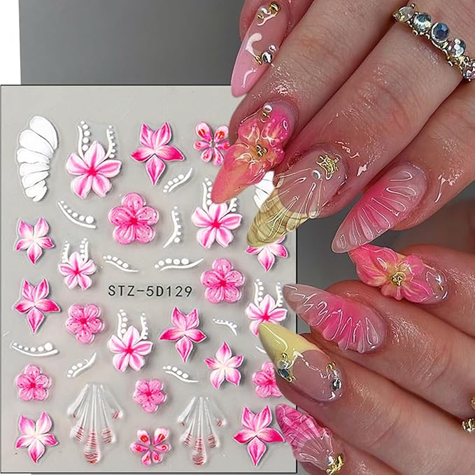 3Pcs Summer Flower Nail Art Stickers Decals 5D French Tip Nail Stickers Floral Nail Decals Colorful Flowers Nail Design Stickers Spring Cherry Blossom Nails Supplies for Women DIY Manicure Decor
