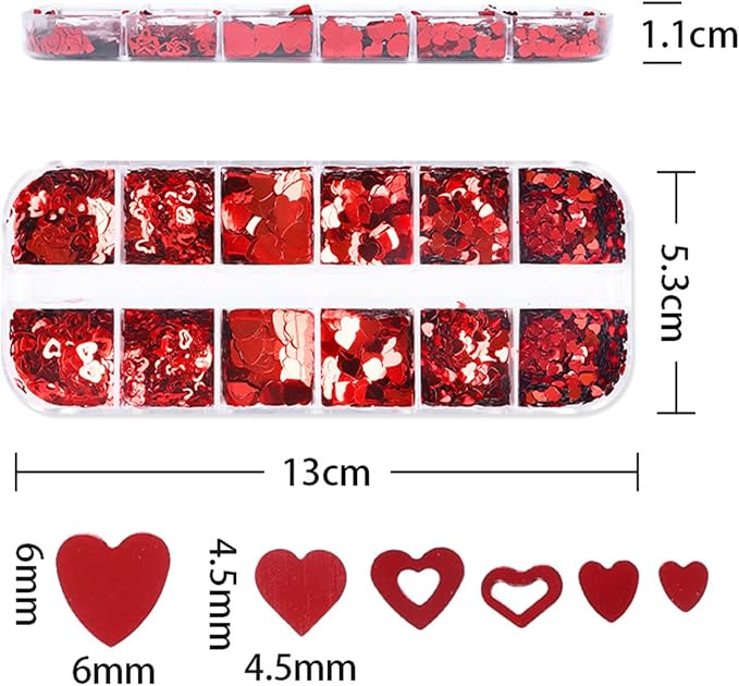 Love Heart Nail Art Glitter Sequins, 3D Laser Red Glitters Flakes Decor, Heart Nail Art Design Supplies for Women Manicure Decorations