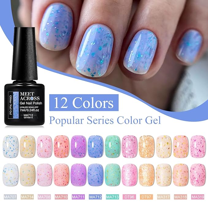MEET ACROSS 12PCS Gel Nail Polish Set, 12 Colors Gel Nail Kit Art Design Soak Off UV LED,Nail Art Design Gifts for Women (SET-11, 12PCS)
