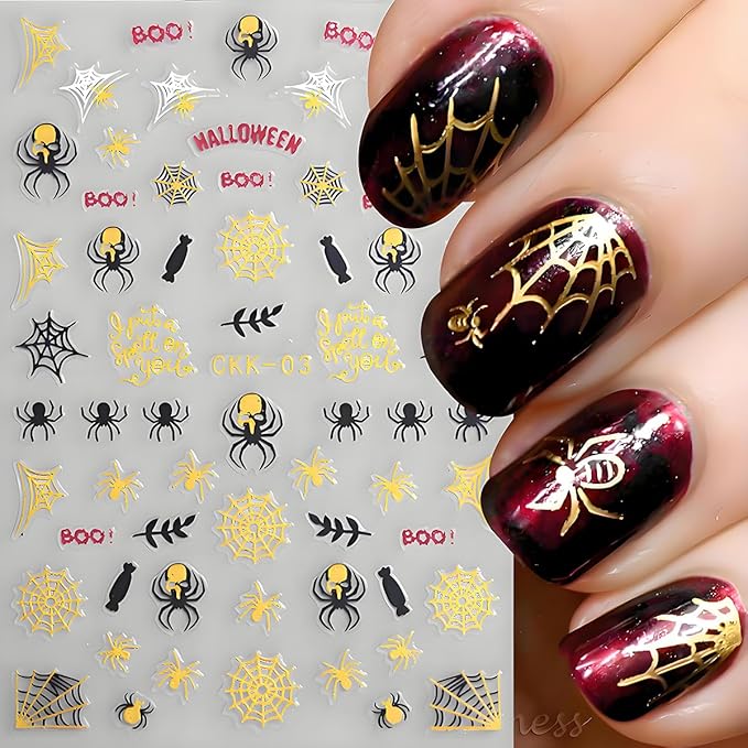 Halloween Nail Art Stickers, Ghost Nail Decals 3D Self-Adhesive Horror Ghost Skull Spider Web Bat Pumpkin Glitter Nail Design 8PCS Halloween Nail Art Supplies for Women Decoration