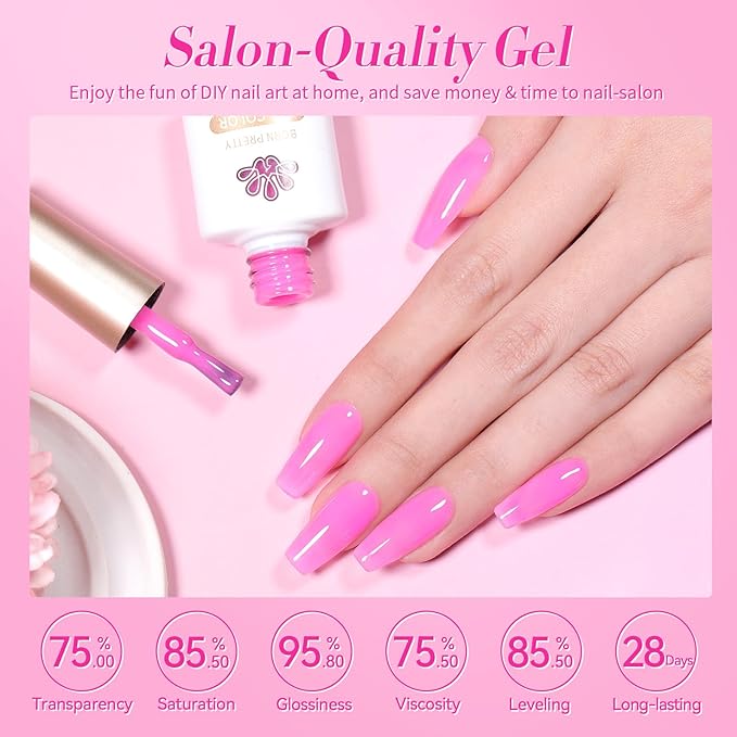 Born Pretty Jelly Pink Gel Nail Polish Halloween Milky Hot Pink Ghost Translucent Gel Polish Soak Off U v LED Light Cure Nail Art Kit for Salon Manicure and DIY at Home