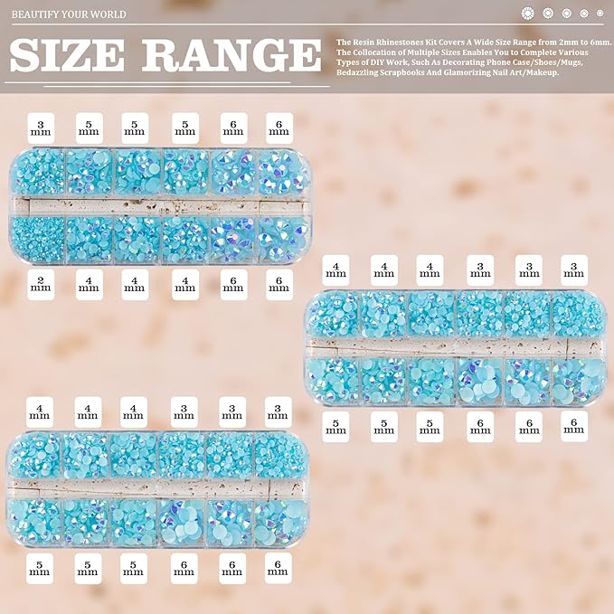 5000PCS Resin Rhinestones with Tweezers for Crafting, 2/3/4/5/6mm Flatback Jelly Rhinestones, 3 Box Lake Blue AB Non Hotfix Crystal Gems for DIY Crafts Mugs Tumblers Clothes Makeup Nail