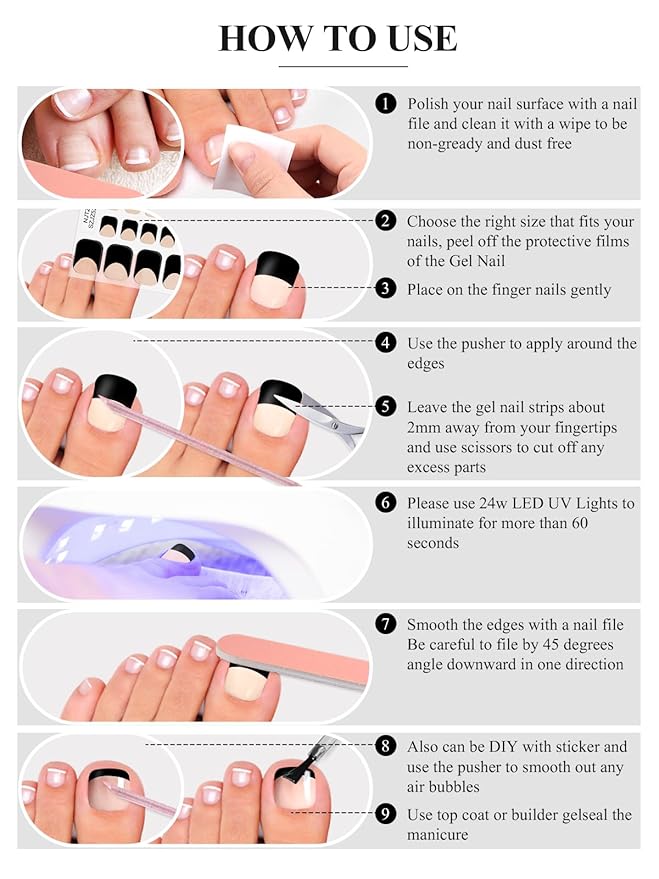 EBANKU 52Pcs Semi-Cured Gel Nail Strips Toes, Black Deep French Gel Nail Strips for Toes, Long-Lasting French Manicure Stickers Salon Nails at Home Requires UV Light with Nail File&Stick