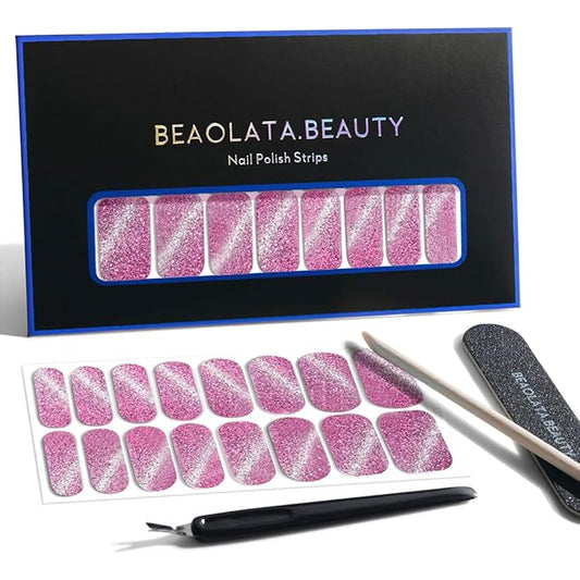 Nail Polish Strips, 32PCS Salon Quality Wraps, Long Lasting Gel Nail Stickers for Women Easy Apply& Remove (Happy Pink Rush)