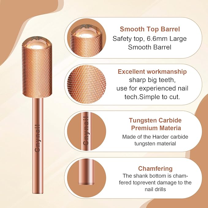 3/32" Large Barrel Smooth Round Top Tungsten Carbide Nail Drill Bit Safety Bit for Gel & Acrylic Removal, 2-Way Rotating Efile Tip, Salon Electric File Accessory (XF Grit, Rose Gold)