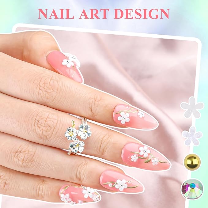 4 Boxes 3D Flower Nail Charms and Gems - Colorful Nail Flower Charms Crystal AB Clear Gemstones Silver/Gold Caviar Beads White/AB Pearls for Women DIY Manicure Crafts (21-S4-Colorful1)
