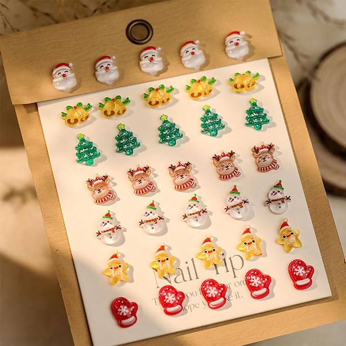 100Pcs Christmas Nail Charms 3D Muti Shape Flat Craft Resin Nail Art Charms Xmas Tree Reindeer Santa Claus Nail Art Rhinestones Snowman Bell Cute Winter Nail Supplies for Craft Making Ornament DIY