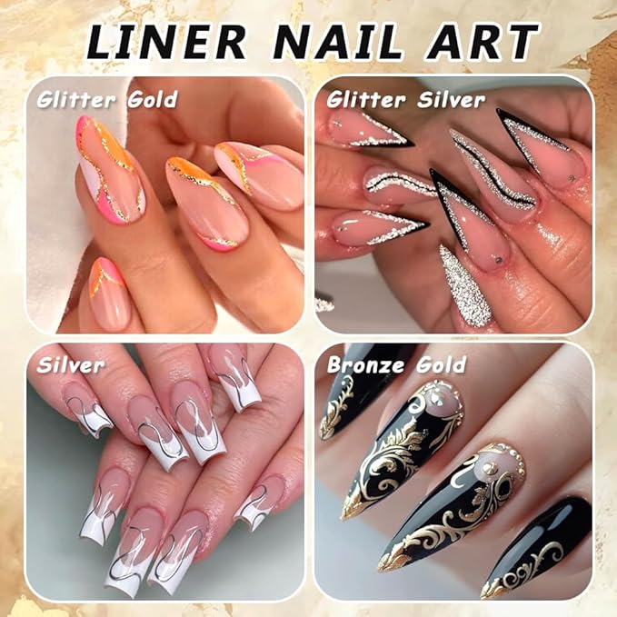 Nail Art Liner Gel Polish Set, 4pcs Metallic Silver Bronze Gold Glitter Reflective Colors Painted Drawing Stripper Gel Nail Polish Soak off Curing Requires with Thin Nail Art Brush