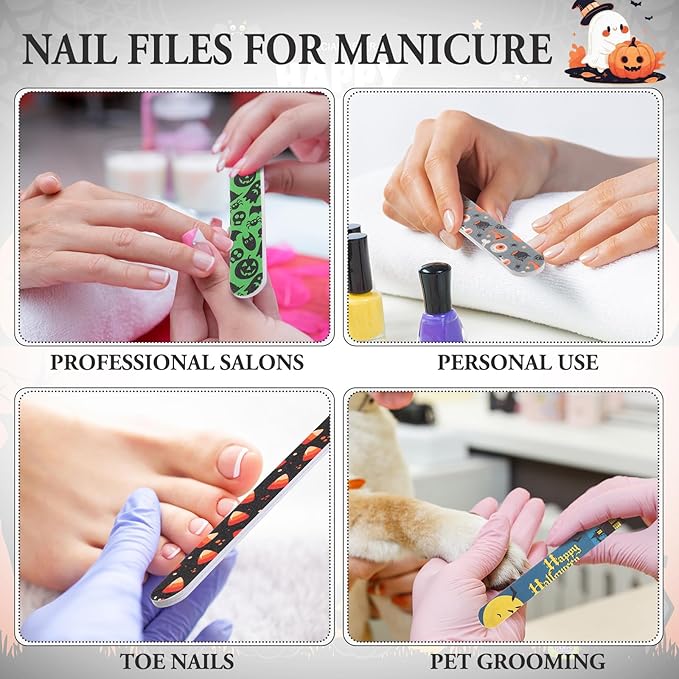 100 Pcs Halloween Nail Files Gift for Women 7 Inch Large Emery Board Nail File for Natural Nails Double Sided 180 Grit Pumpkin Bat Spider Skull Emery Board Manicure Tools for Party Supplies