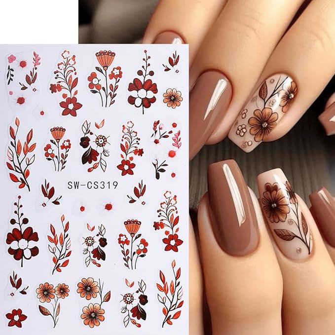 6Pcs Fall Nail Stickers Brown Orange Black Flower Leaves Nail Decals DIY Self Adhesive Autumn Leaves Design Thanksgiving Nail Decoration Supplies Winter Holiday Manicure Accessories for Women Girls