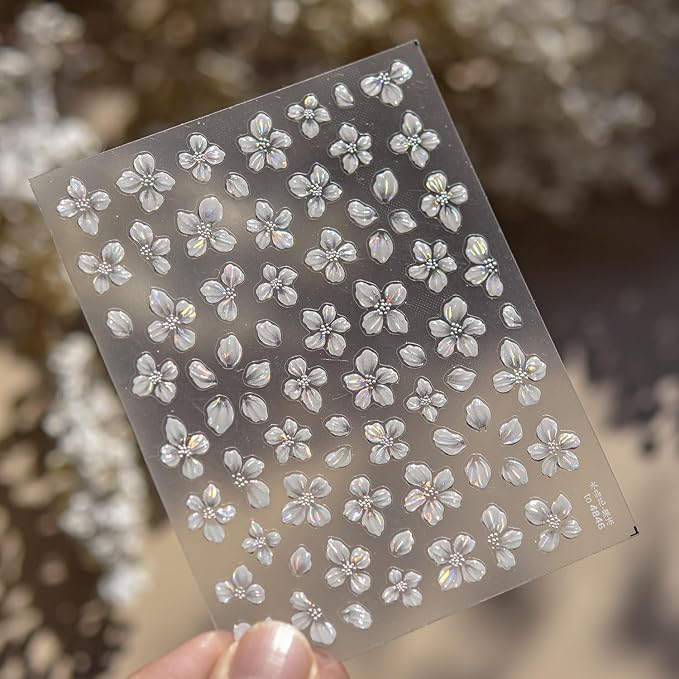 Flower Nail Art Stickers Decals White Flower Nail Stickers 1PCS Exquisite Shiny Shell Light Crystal Flowers Nail Decals Jelly Flowers Stickers for Nails Spring Summer DIY Manicure Nail Art Decorations