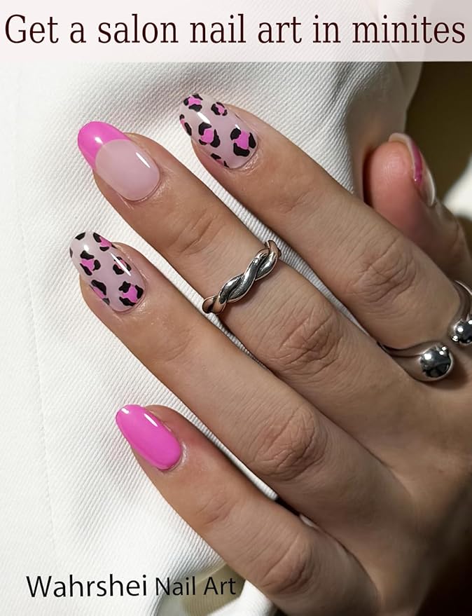 Gel Nail Strips No UV, French Leopard, UV Free, Long Lasting Gel Stickers - Contains 22 Wraps, 1 Prep Pad, 1 File