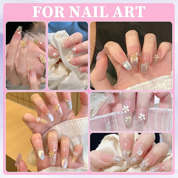 3 Boxes 3D Flower Nail Charms and Gems - Colorful Nail Flower & Metal Butterfly Charms Clear Rhinestones Gemstones Silver/Gold Caviar Beads White Pearls with Nail Chain for DIY Nails (13-S3-Mixed2)