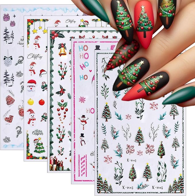 5 Sheets Christmas Nail Stickers 3D Self-Adhesive Dwarf Santa Claus Snowflake Xmas Trees Nail Decals Cute Elk Penguin Nails Design Stickers Winter Nails Supplies for Women Holiday DIY Manicure Decor