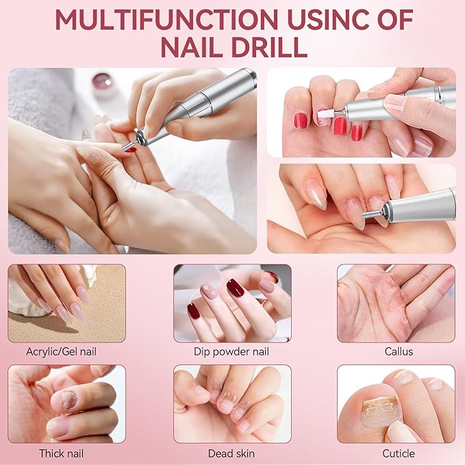 Nail Drill, Professional 45000RPM Electric Nail File with 12 Drill Bits Remover Gel Nail Polish Acrylic Nails Manicure for Salon Home(Pink)