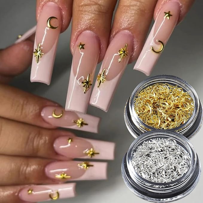 Star Nail Charm for Nails,3D Gold Silver Star Nail Art Charm 2Box Metal Five-Pointed Star Gold Silver Stars Moon Rivet Nail Accessories Metallic Studs Rhinestones Star Nail Jewelry Decor Manicure Kit