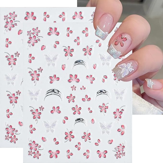 4 Sheets Pink Flower Nail Stickers for Nail Art Cherry Blossom Petals Nail Art Stickers Golden French Tip with Pink Floral Blossom Design Spring Summer Nail Decals Nail Supplies for Acrylic Manicure