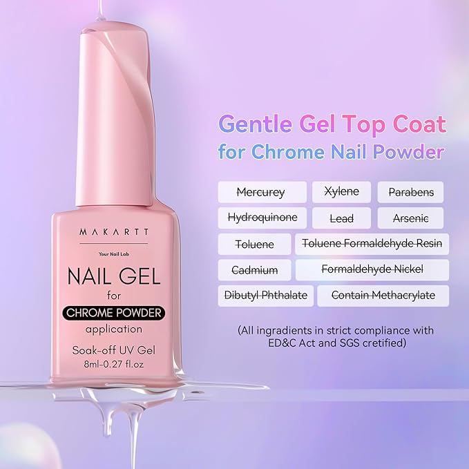 Makartt No Wipe Gel Top Coat for Chrome Nail Powder - Clear High Gloss Mirror Shine Top Coat Gel Nail Polish, Long Lasting Soak-Off LED UV Lamp, DIY Home Salon Art Design Gifts, 8ml Pink Bottle