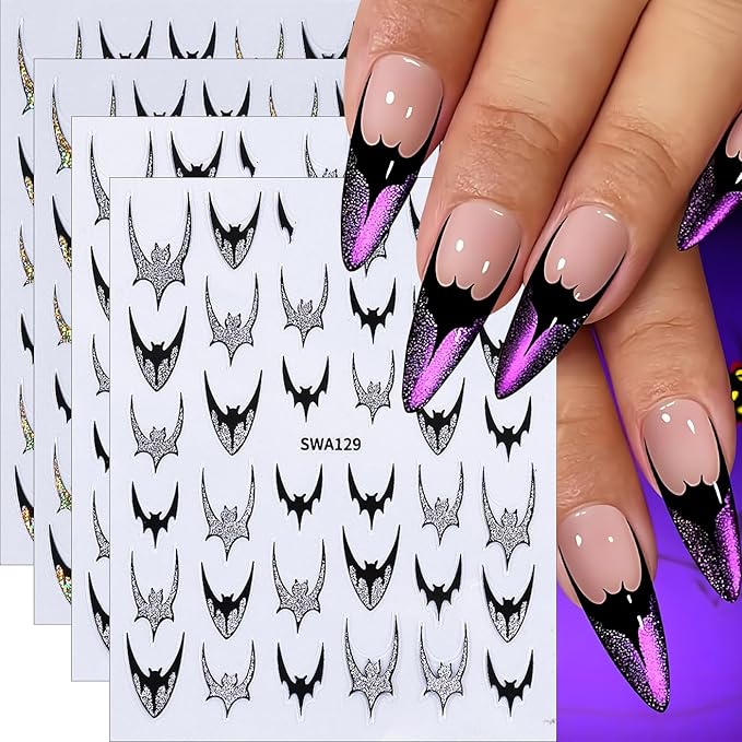 Halloween Nail Art Stickers, Glitter Dark Bat Nail Decals 3D Self-Adhesive with Sparkle Gold Sparkle Silver Bat Design 4PCS Halloween Nail Art Supplies for Women