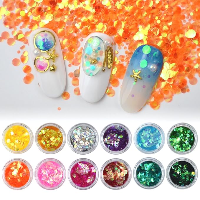 Nail Glitters Mylar Slices Sequins Chunky Iridescent Flakes Round Mermaid Charms DIY Art Sticker Tips Decoration 24Boxes