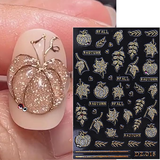2 Sheets Fall Nail Stickers for Nail Art Glitter Gold Leaf Nail Art Stickers Embossed Autumn Pumpkin Nail Decals 5D Self-Adhesive Diamond Nail Design Sticker for Women Thanksgiving Nails Decoration