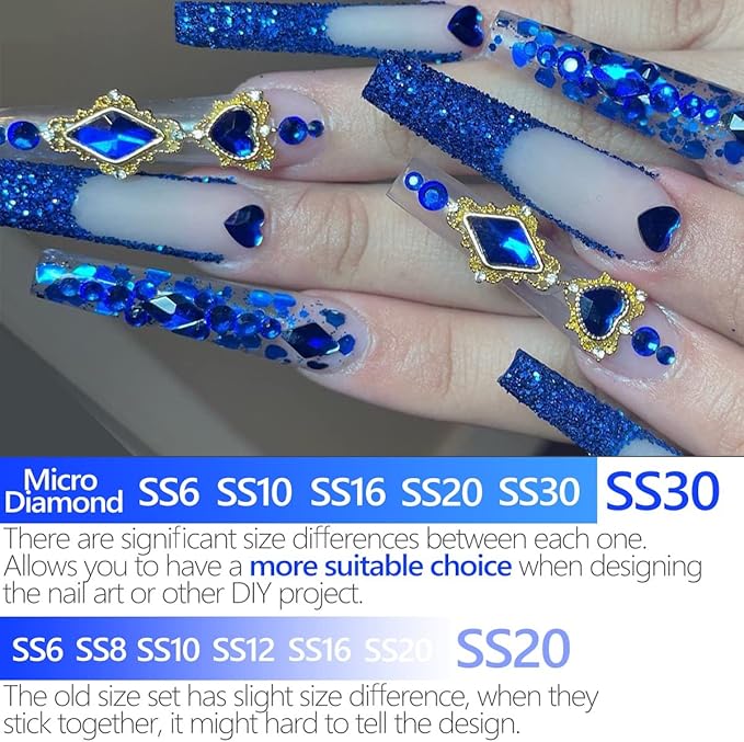 4010pcs Blue Rhinestones Sapphire Blue Nail Rhinestones Flatback Stones K9 Glass Royal Blue Nail Gems Crystals Nail Charms Nail Art Kit 6 Sizes(1.6-6.1mm) to SS30 for Nails Face Eyes Makeup Crafts